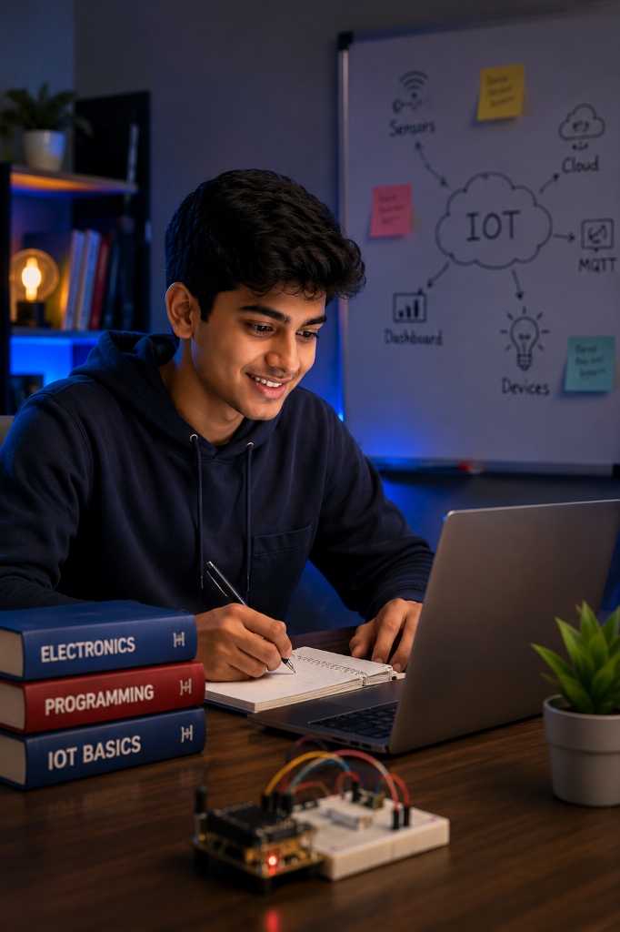 Students learning IoT with laptop and breadboard